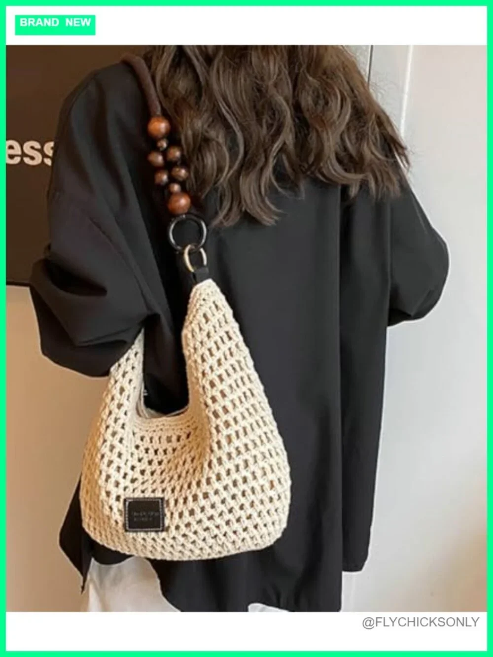 Crochet Cotton Beach Bag Woven Hobo Handbag Handmade Bead Shoulder Bag Purse